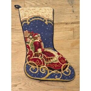 SFERRA Needlepoint Christmas Stocking Mrs Santa Claus on Sleigh Doll Gifts VTG